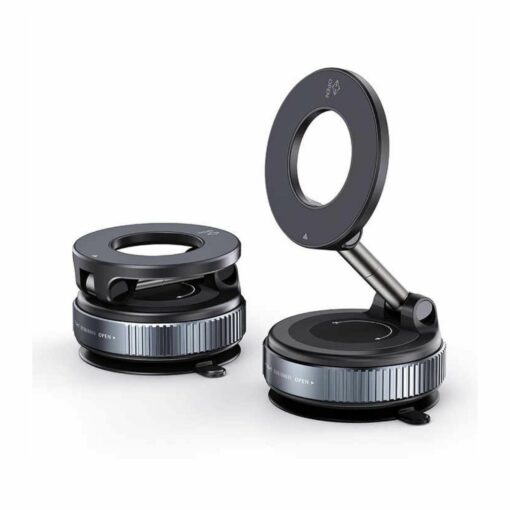 Magnetic phone mount for car dashboard, flexible design for easy adjustability and secure fastening.