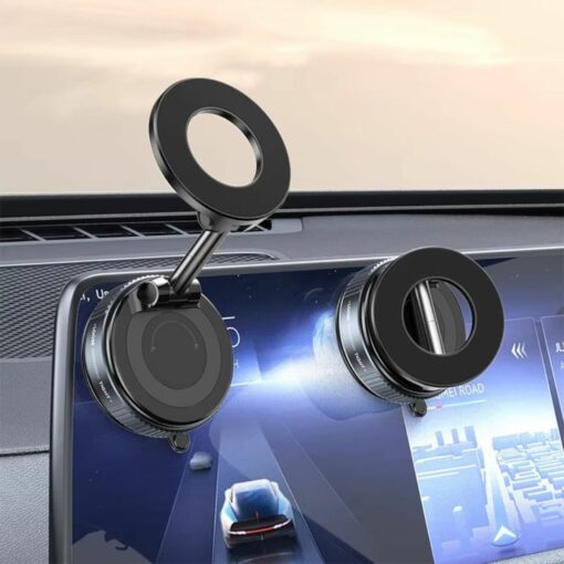 Dual magnetic car phone holder for dashboard, rotatable and adjustable, ideal for secure smartphone navigation.