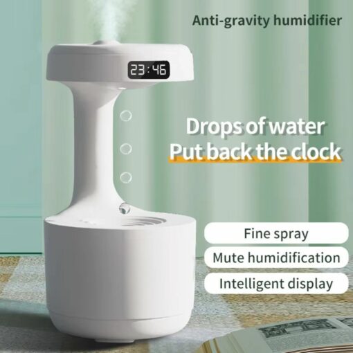 Anti-Gravity Water Drop Humidifier with digital display, fine spray, and mute function for optimal home humidity.