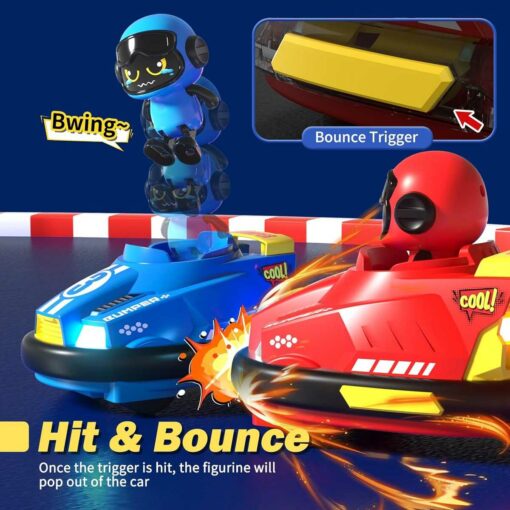 Toy bumper cars with pop-out figures triggered by impact, featuring blue and red designs for kids' play.