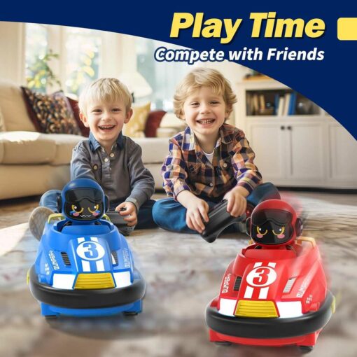 Kids enjoying remote control bumper cars indoors for fun and friendly competition.