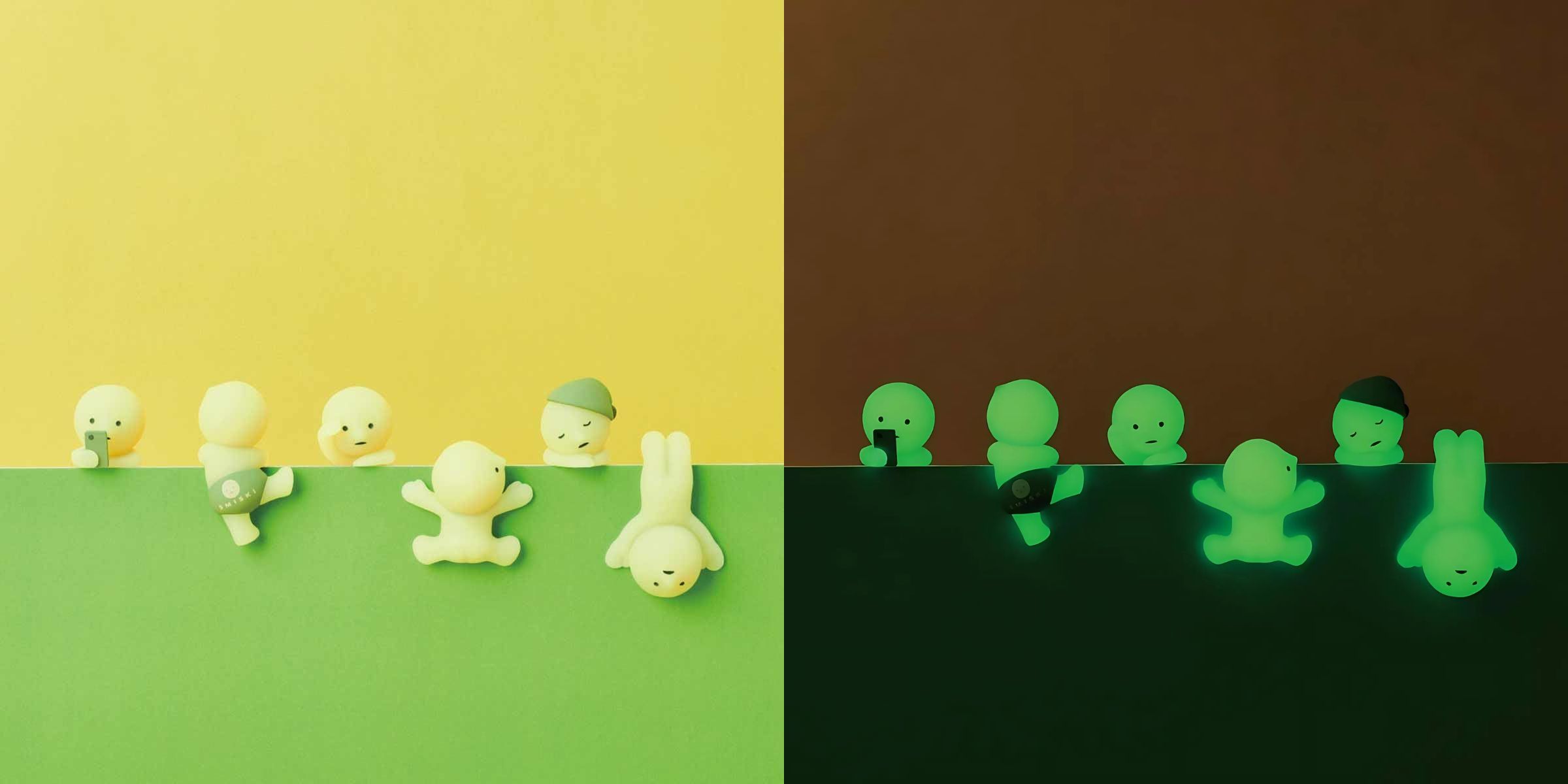 Glow-in-the-dark smiski figure set showcasing playful poses in daylight and illuminated at night. Perfect for collectors.