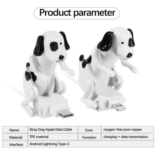 Dog-shaped data cable for charging and data transfer, compatible with Android Lightning Type-C devices.