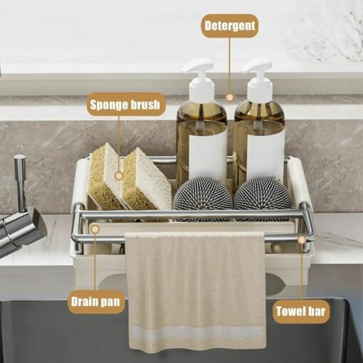 Versatile kitchen sink organizer with tray, sponge, brushes, detergent holders, and towel bar for efficient storage.