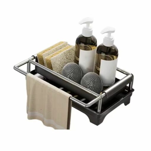 Kitchen sink organizer with towel rack, holds sponges, soap dispensers, and scrubbers for tidy countertop storage.