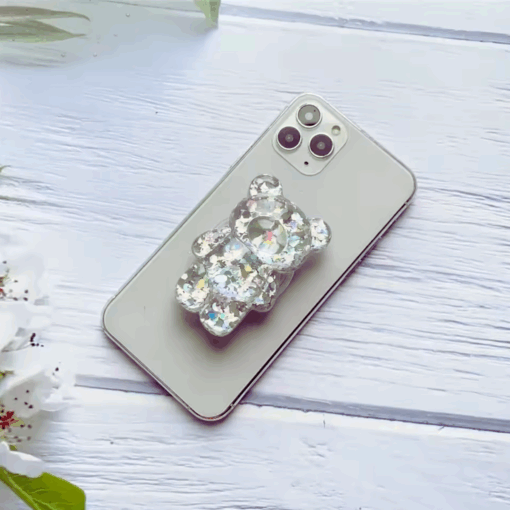 3D Glitter Bear Phone Grip Stand – Cute Resin Holder for iPhone/Samsung