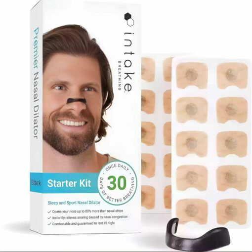 Intake Breathing Nasal Strip Starter Kit – Extra Strength Snoring Solution, Boosts Oxygen, Improves Sleep, Sweat-Resistant & Skin-Safe – New black set includes [4 dilators + 1 applicator + 30 arc patches]
