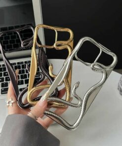 Luxury High-Grade Electroplated Snake Fashion Hollow Shell for iPhone 16 Pro Max, 15-11 Business Style Holster, Effective Protection Mobile Phone Case – Shiny gold, iPhone 11