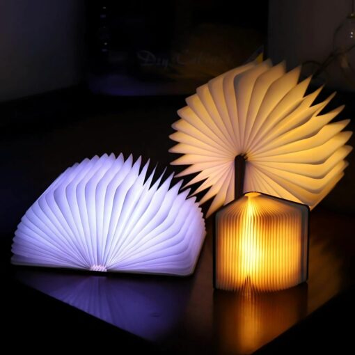 3D Folding LED Book Light – USB Rechargeable Wooden Table Lamp