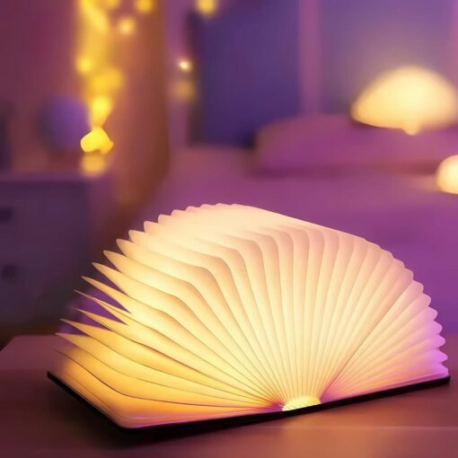 3D Folding LED Book Light – USB Rechargeable Wooden Table Lamp