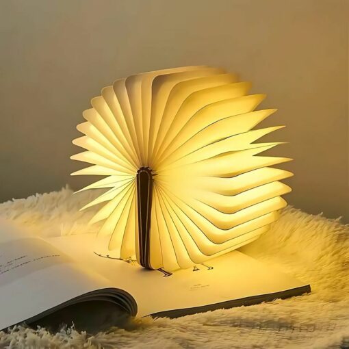 3D Folding LED Book Light – USB Rechargeable Wooden Table Lamp