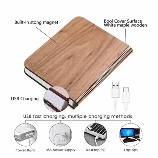 3D Folding LED Book Light – USB Rechargeable Wooden Table Lamp