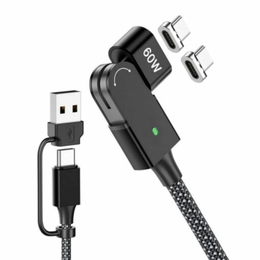 60W Magnetic 4-in-1 Cable – 180° Fast PD for USB-C/iPhone/MacBook/S23 – USB+typec rotating fast charging cable + [Apple magnetic head] – PD60W fast charging / support data transmission]