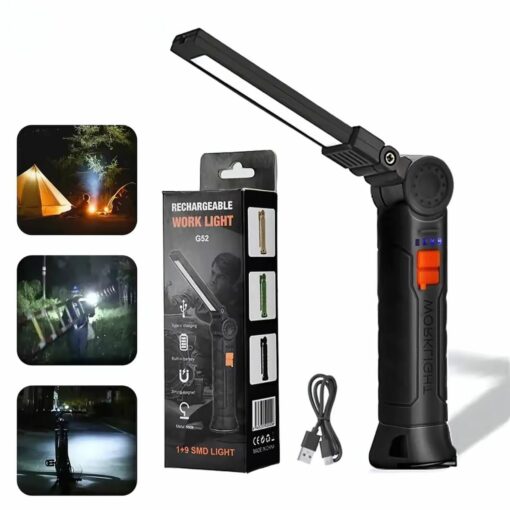 Portable COB LED Work Light – Magnetic Rechargeable Flashlight with Hook, 4 Modes, 360° Folding Design