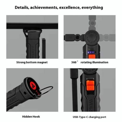 Portable COB LED Work Light – Magnetic Rechargeable Flashlight with Hook, 4 Modes, 360° Folding Design