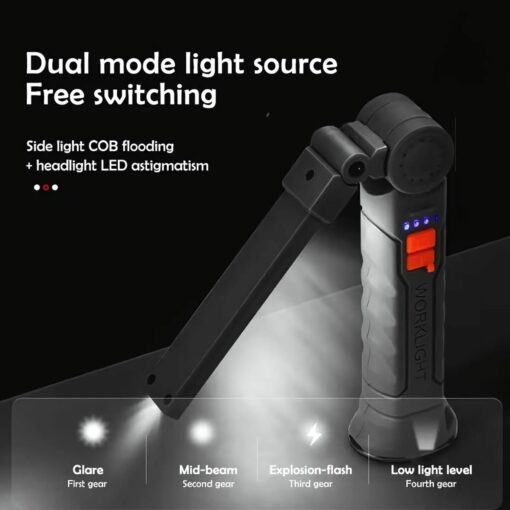 Portable COB LED Work Light – Magnetic Rechargeable Flashlight with Hook, 4 Modes, 360° Folding Design
