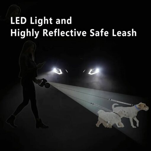 Retractable Dual Dog Leash with LED, 360° No Tangle – 3M Reflective, Dual Brakes for Each Dog