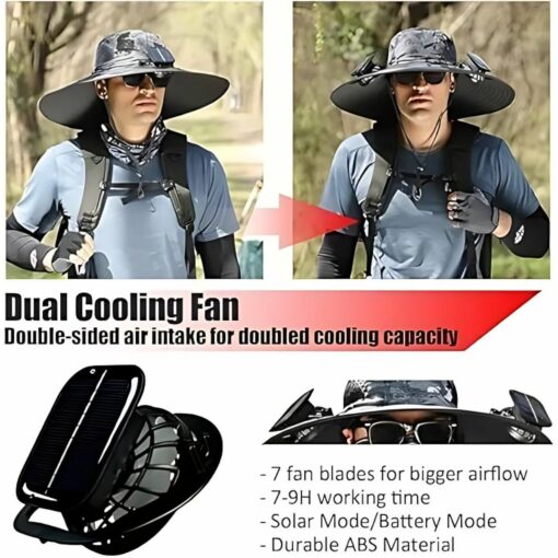 Solar Powered Fan Hat with Dual Fans – UPF 50+ Wide Brim Cooling Sun Hat for Men & Women